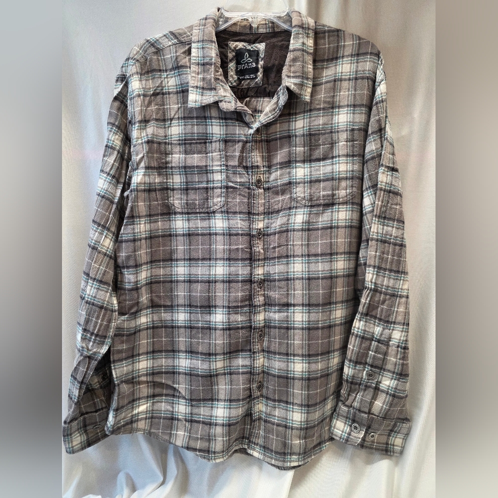 Prana Gray and White Plaid Button Down Shirt